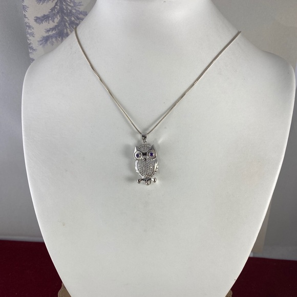 Sold 925 Silver Owl Amethyst CZ Pendant 925 Box Chain - Picture 2 of 7